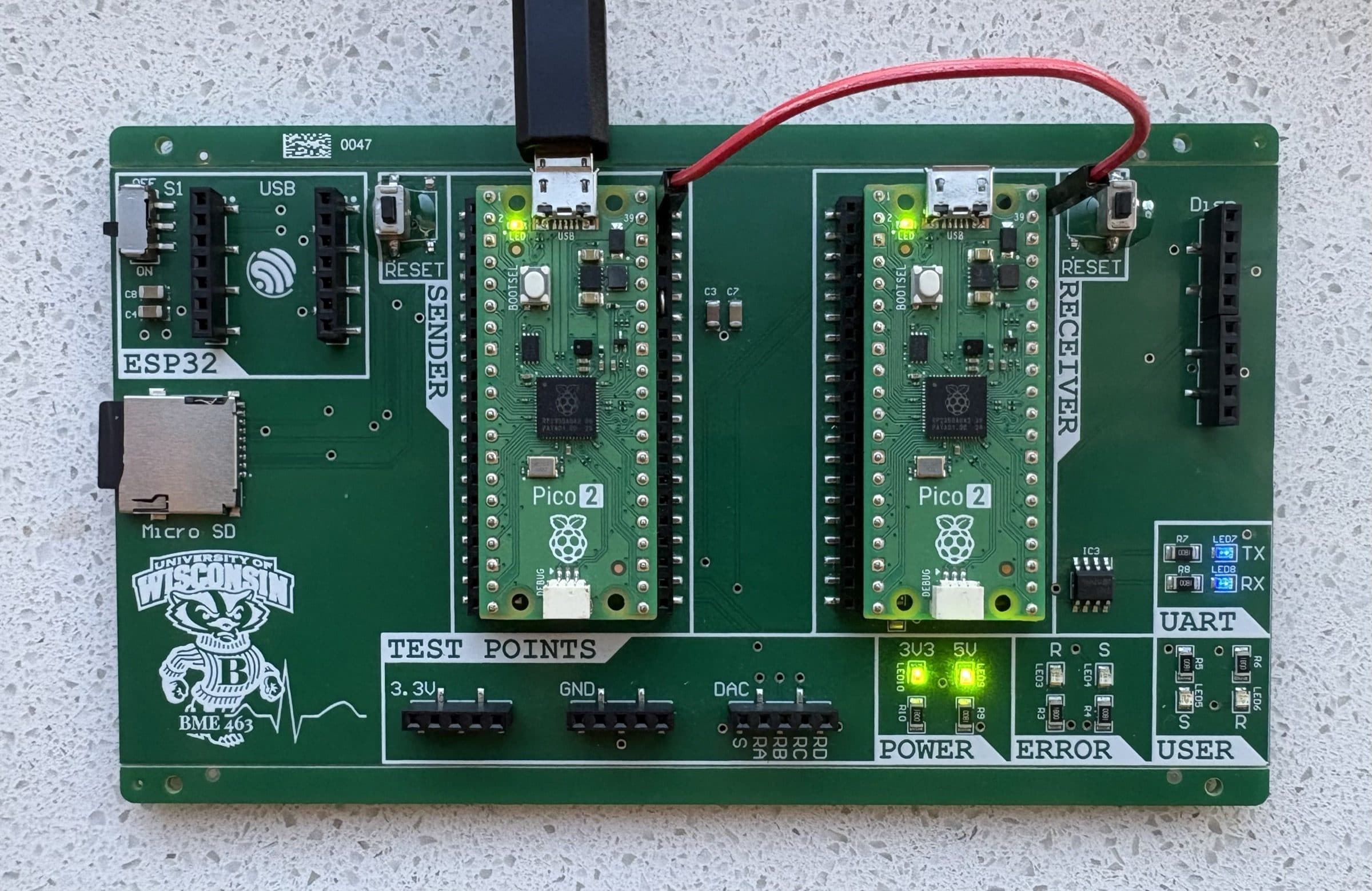 Sender/receiver board with two Raspberry Pi Pico 2 microcontrollers linked over UART